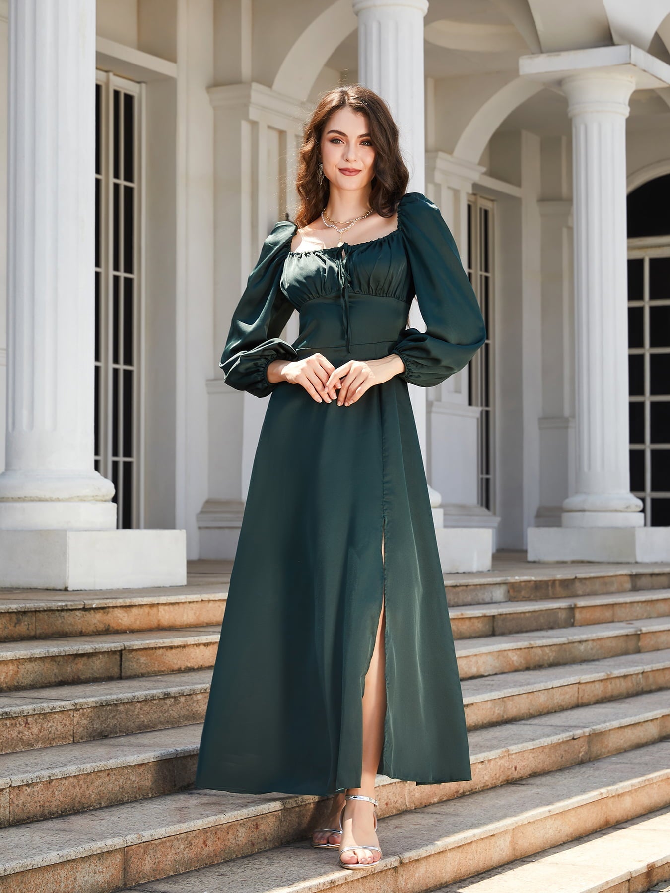 swvws Square Neck Puff Sleeve High Slit Maxi Dress