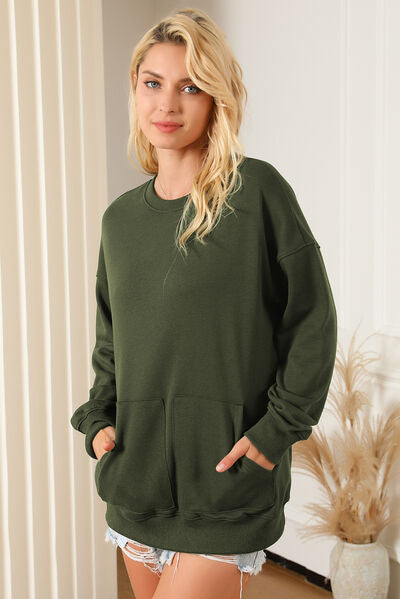 swvws Pocketed Round Neck Dropped Shoulder Sweatshirt