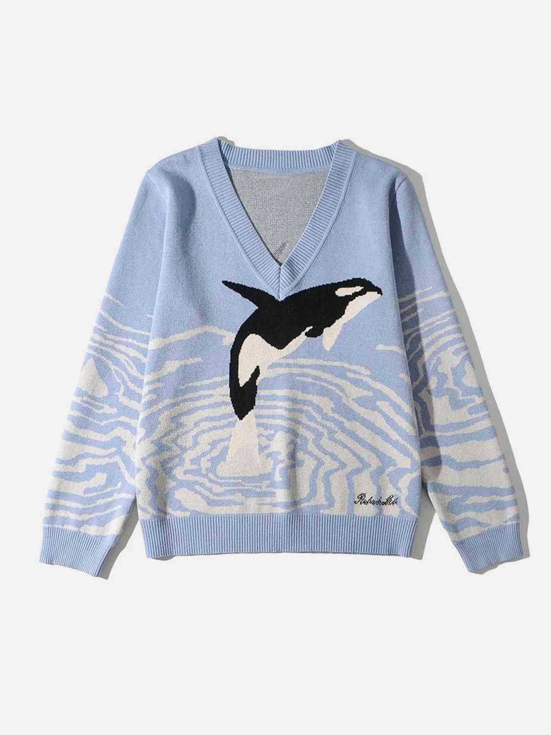 swvws Printed V-Neck Long Sleeve Sweater