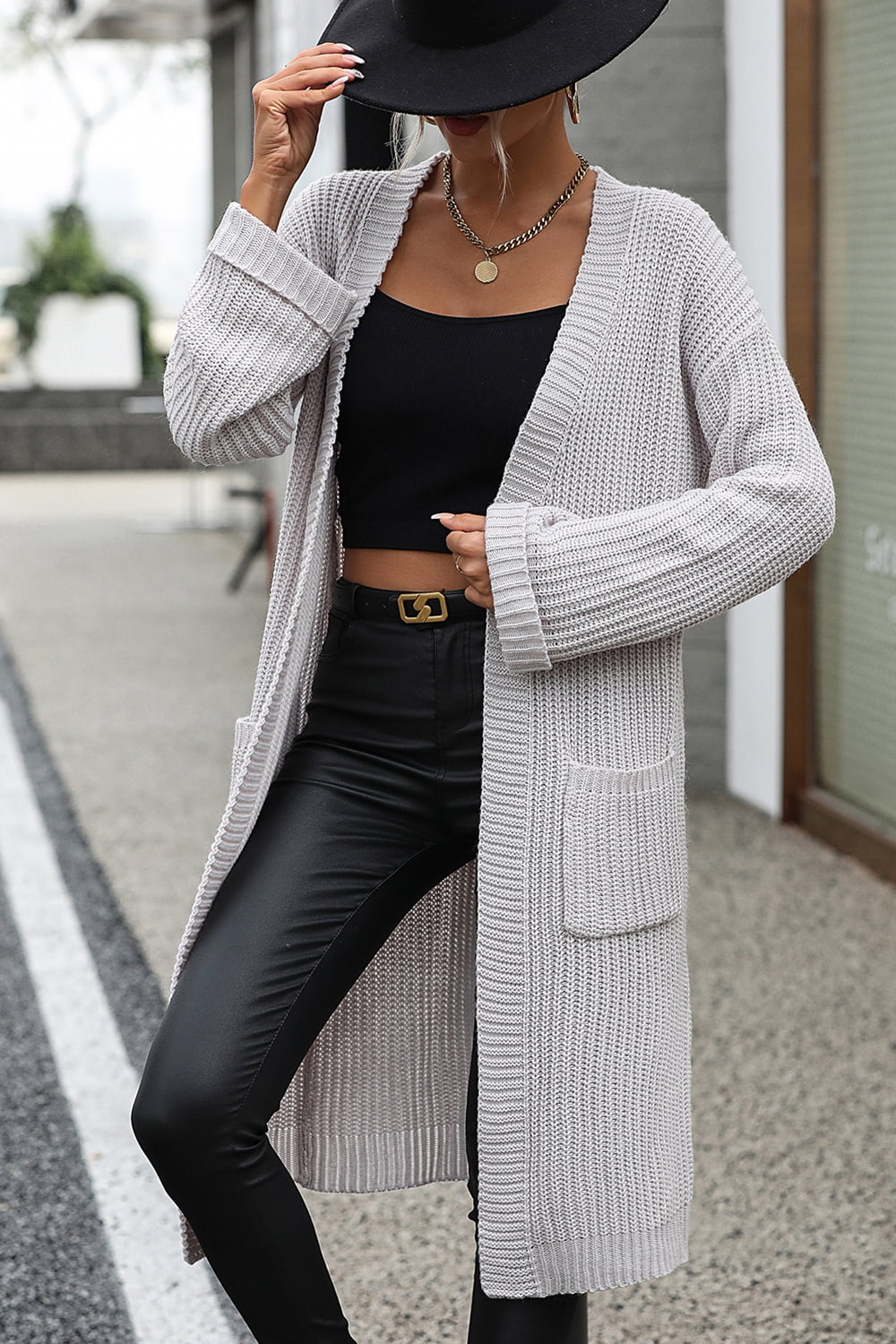 swvws Dropped Shoulder Long Sleeve Cardigan with Pocket