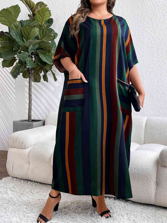 swvws Plus Size Striped Maxi Dress with Pockets