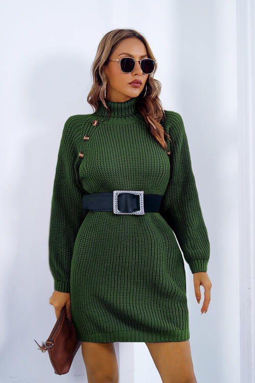 swvws Buttoned Turtleneck Long Sleeve Sweater Dress