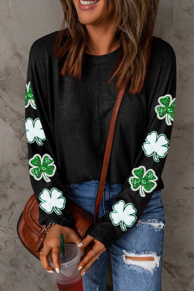 swvws Sequin Lucky Clover Round Neck Sweatshirt