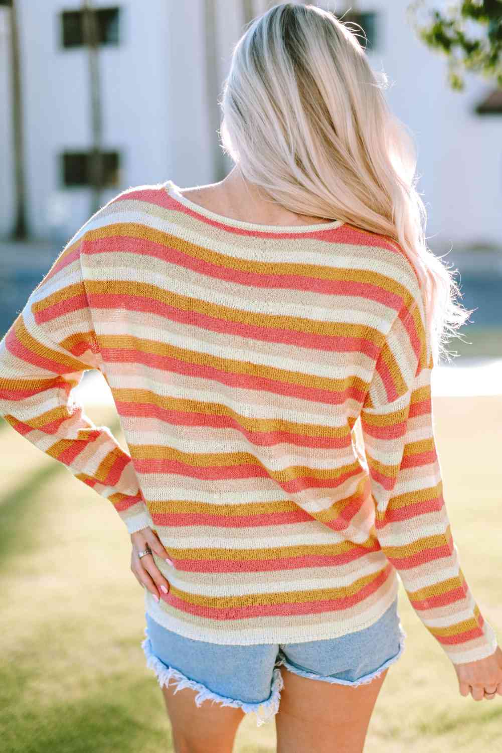 swvws Striped Round Neck Dropped Shoulder Pullover Sweater