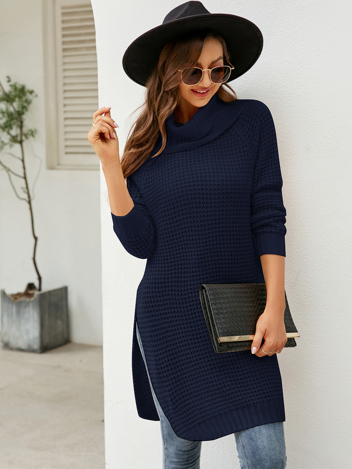 swvws Turtleneck Waffle-Knit Slit Sweater Dress