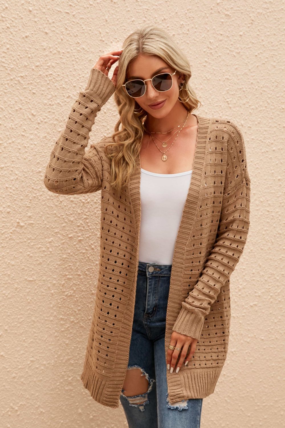 swvws Openwork Horizontal Ribbing Open Front Cardigan