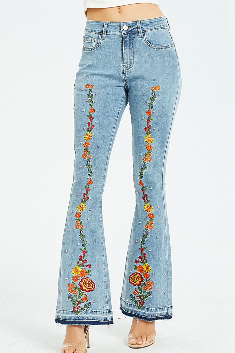 swvws Full Size Flower Embroidery Wide Leg Jeans