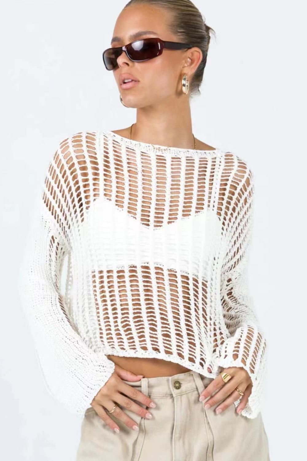 swvws Openwork Boat Neck Long Sleeve Cover Up