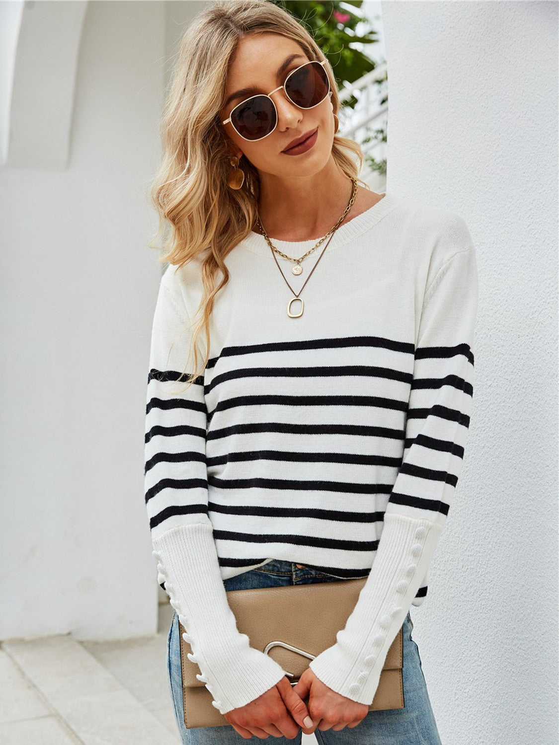 swvws Striped Decorative Button Knit Top