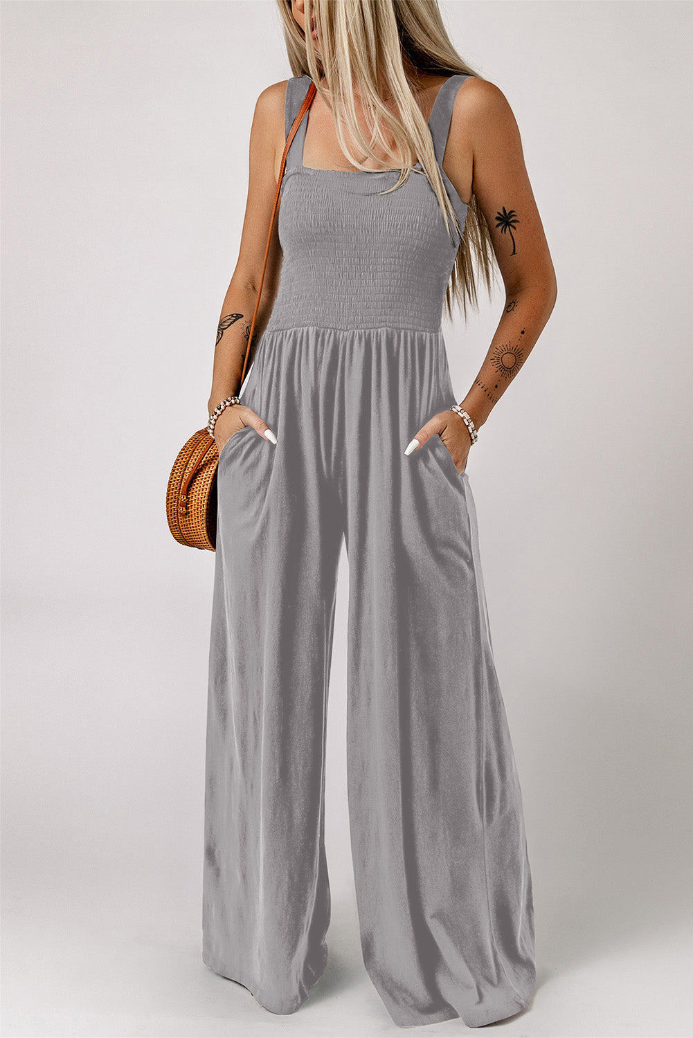 swvws Smocked Square Neck Wide Leg Jumpsuit with Pockets