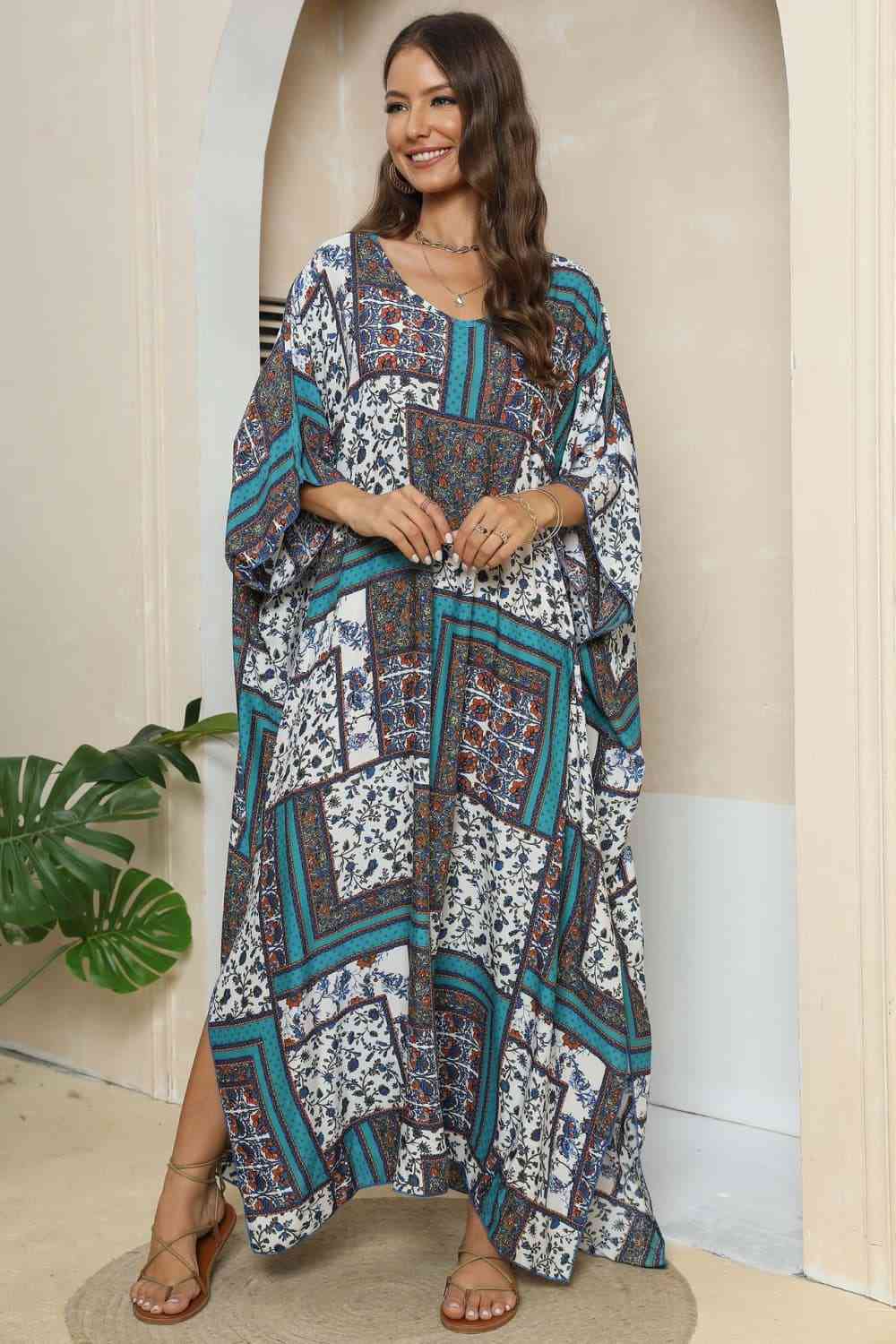 swvws Printed V-Neck Split Maxi Dress