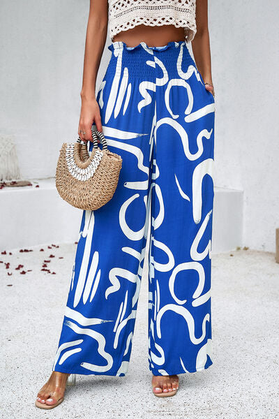 swvws Smocked Printed Wide Leg Pants with Pockets