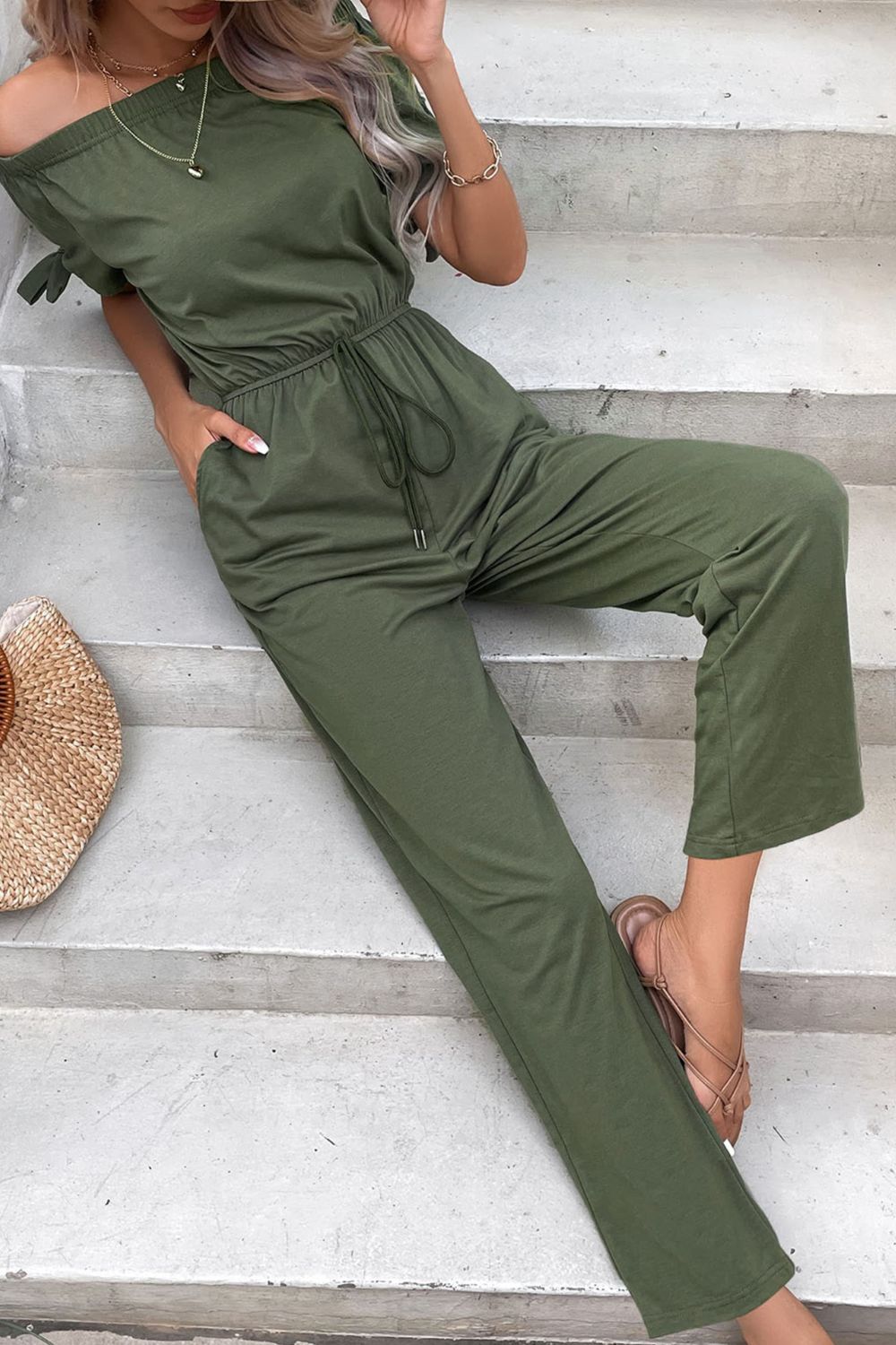 swvws Off-Shoulder Tie Cuff Jumpsuit with Pockets