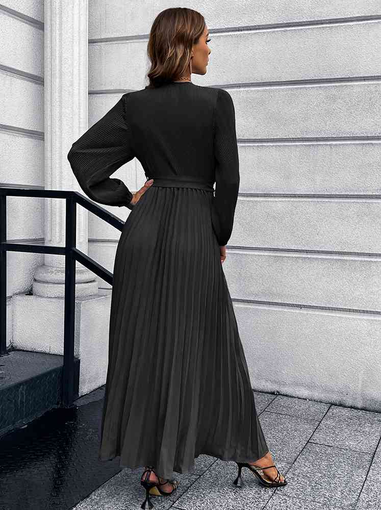 swvws V-Neck Tie Waist Pleated Maxi Dress