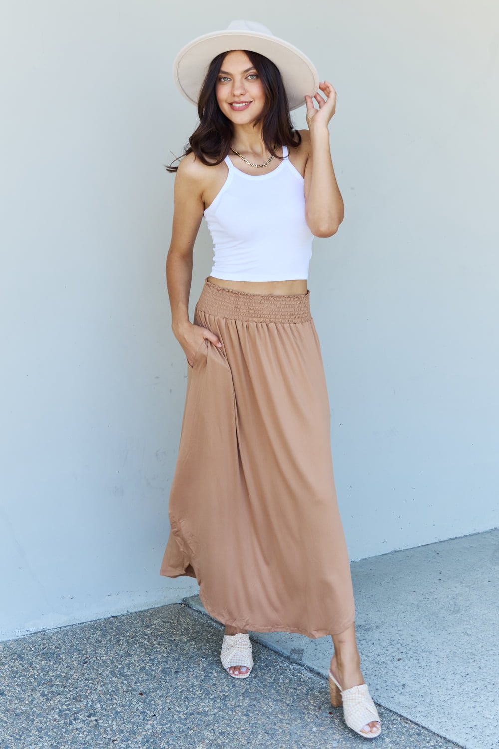 themeisles Doublju Comfort Princess Full Size High Waist Scoop Hem Maxi Skirt in Tan