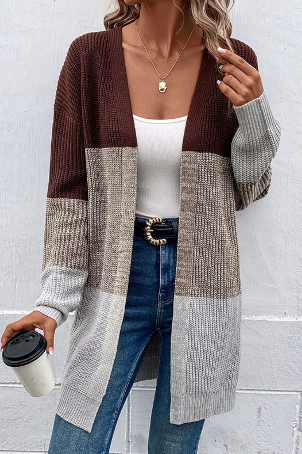 swvws Color Block Open Front Rib-Knit Longline Cardigan