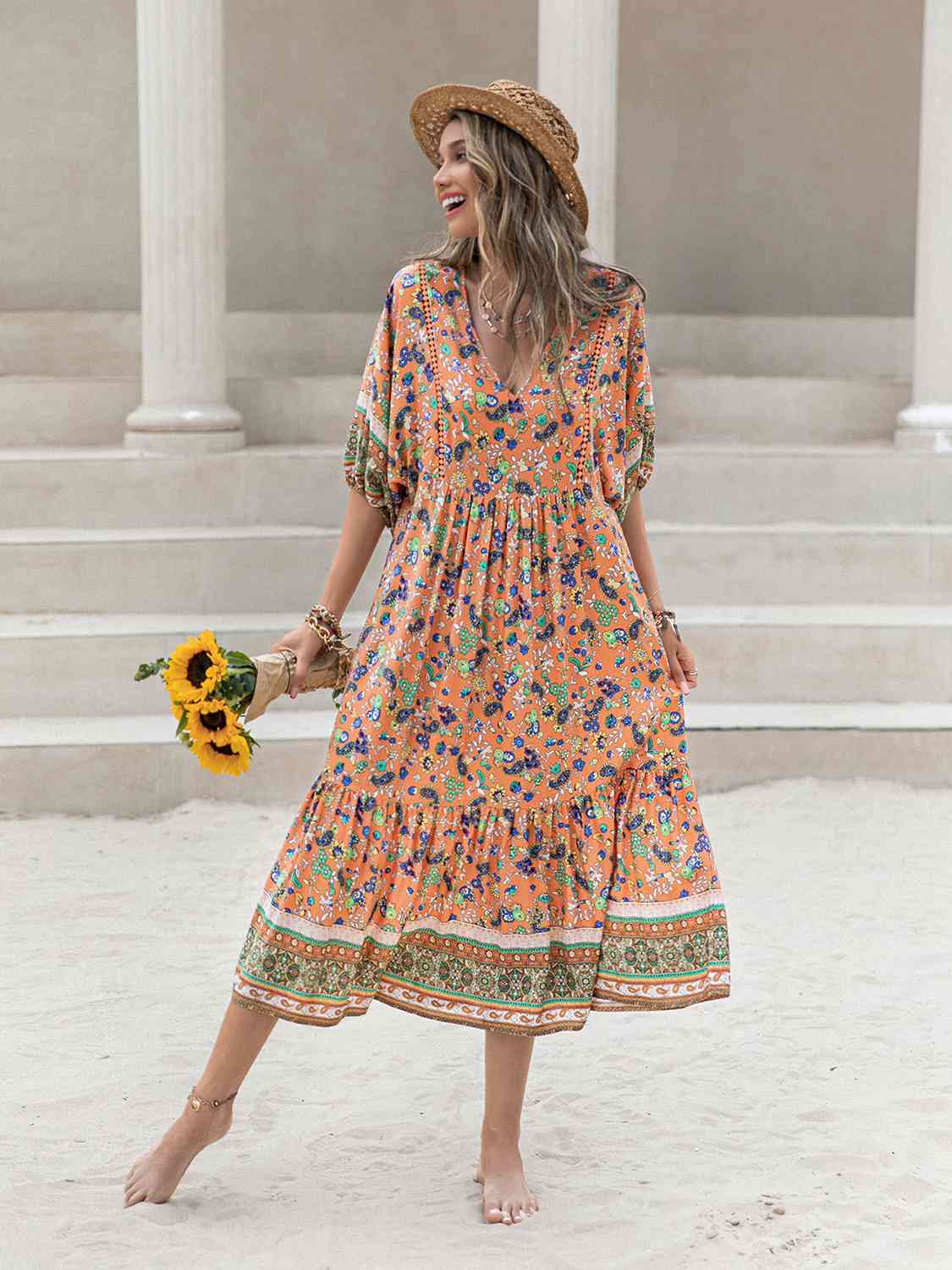 swvws Printed V-Neck Short Sleeve Maxi Dress