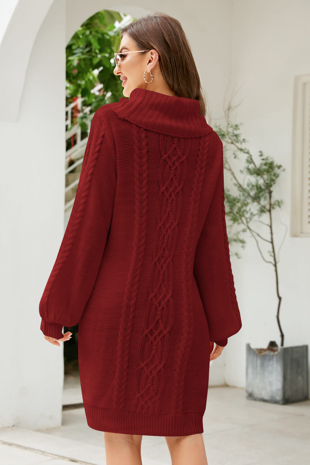 swvws Mixed Knit Turtleneck Lantern Sleeve Sweater Dress