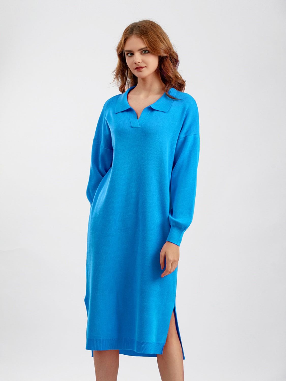 swvws Johnny Collar Long Sleeve Slit Sweater Dress