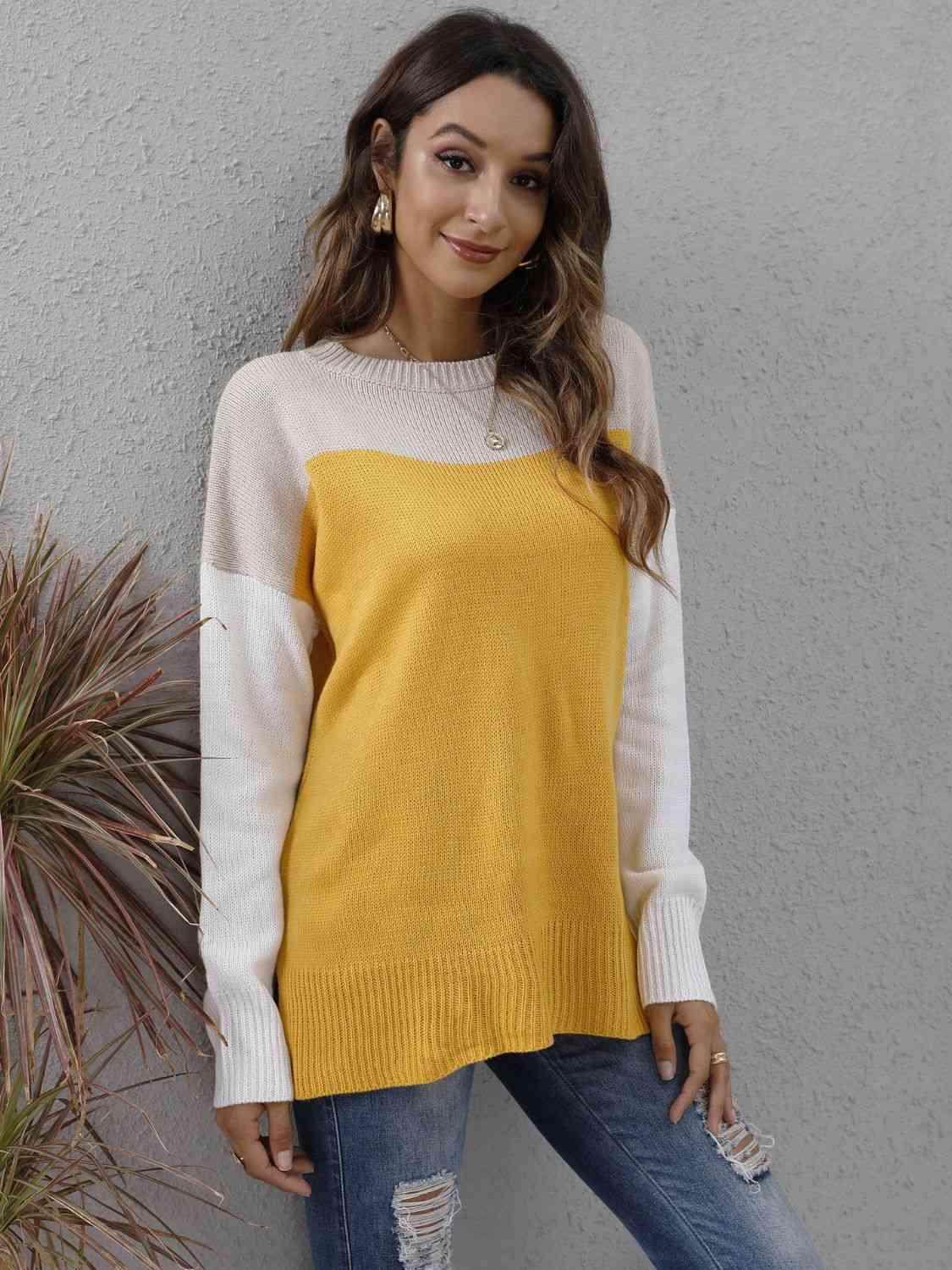 swvws Color Block Round Neck Dropped Shoulder Sweater