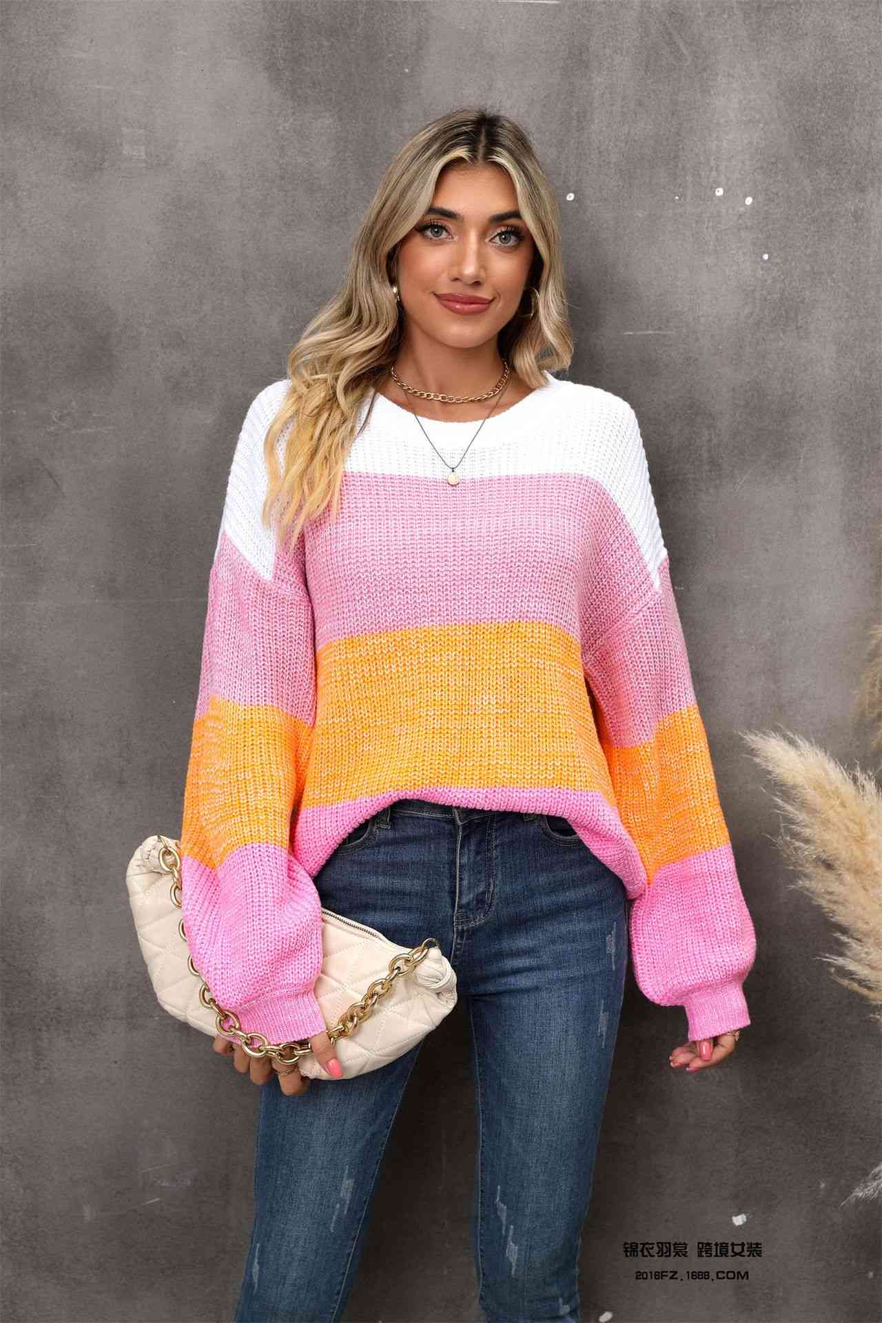 swvws Color Block Round Neck Dropped Shoulder Sweater