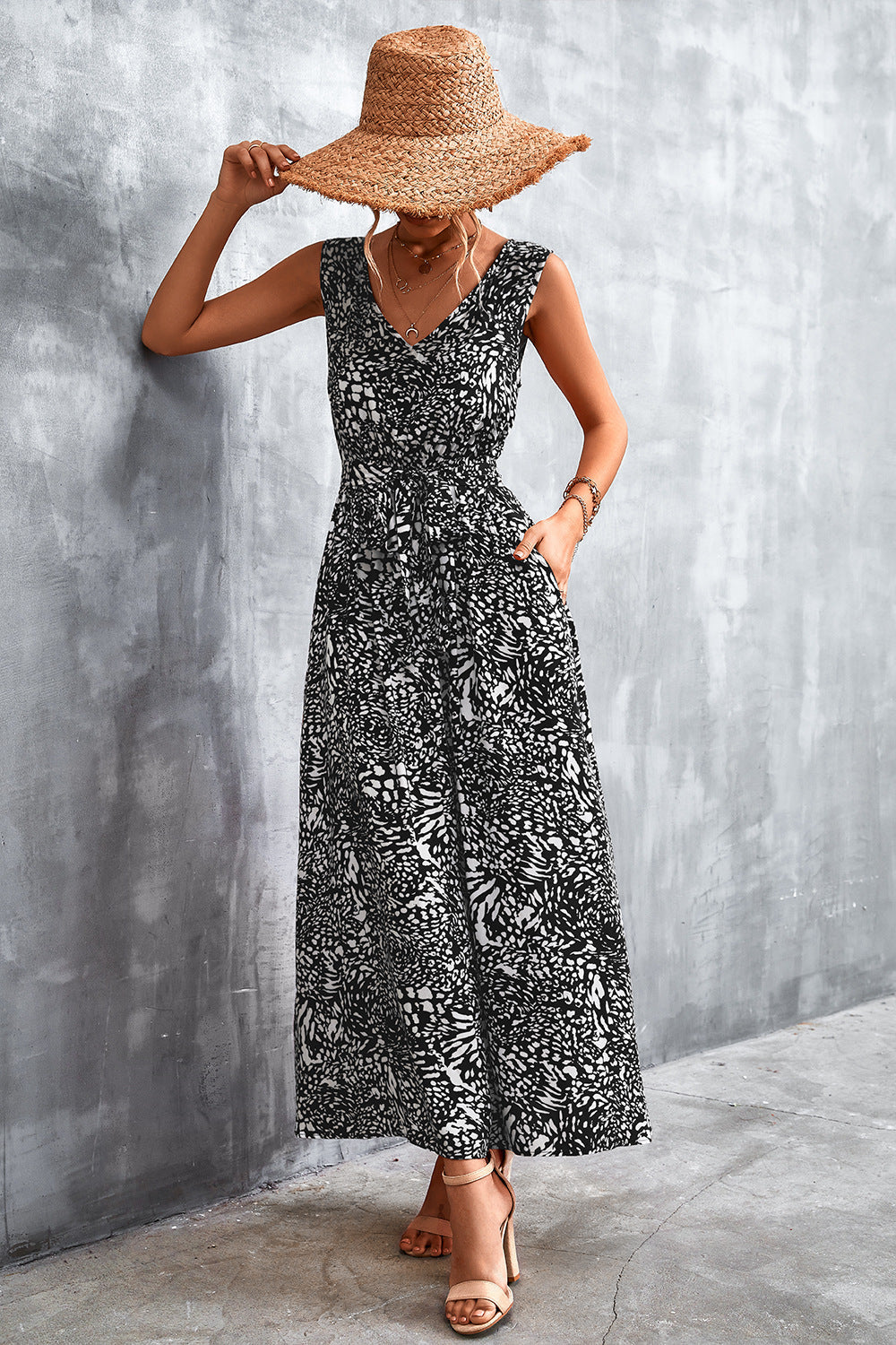 swvws Printed V-Neck Tie Waist Maxi Dress