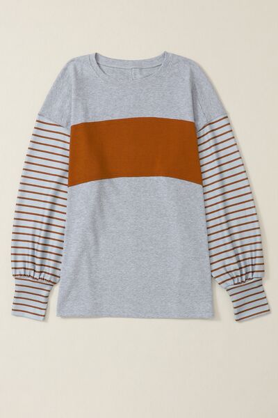 swvws Striped Round Neck Lantern Sleeve Sweatshirt