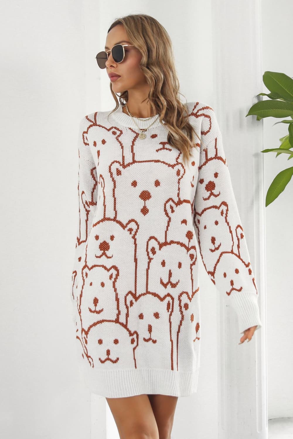 swvws Bear Pattern Round Neck Sweater Dress