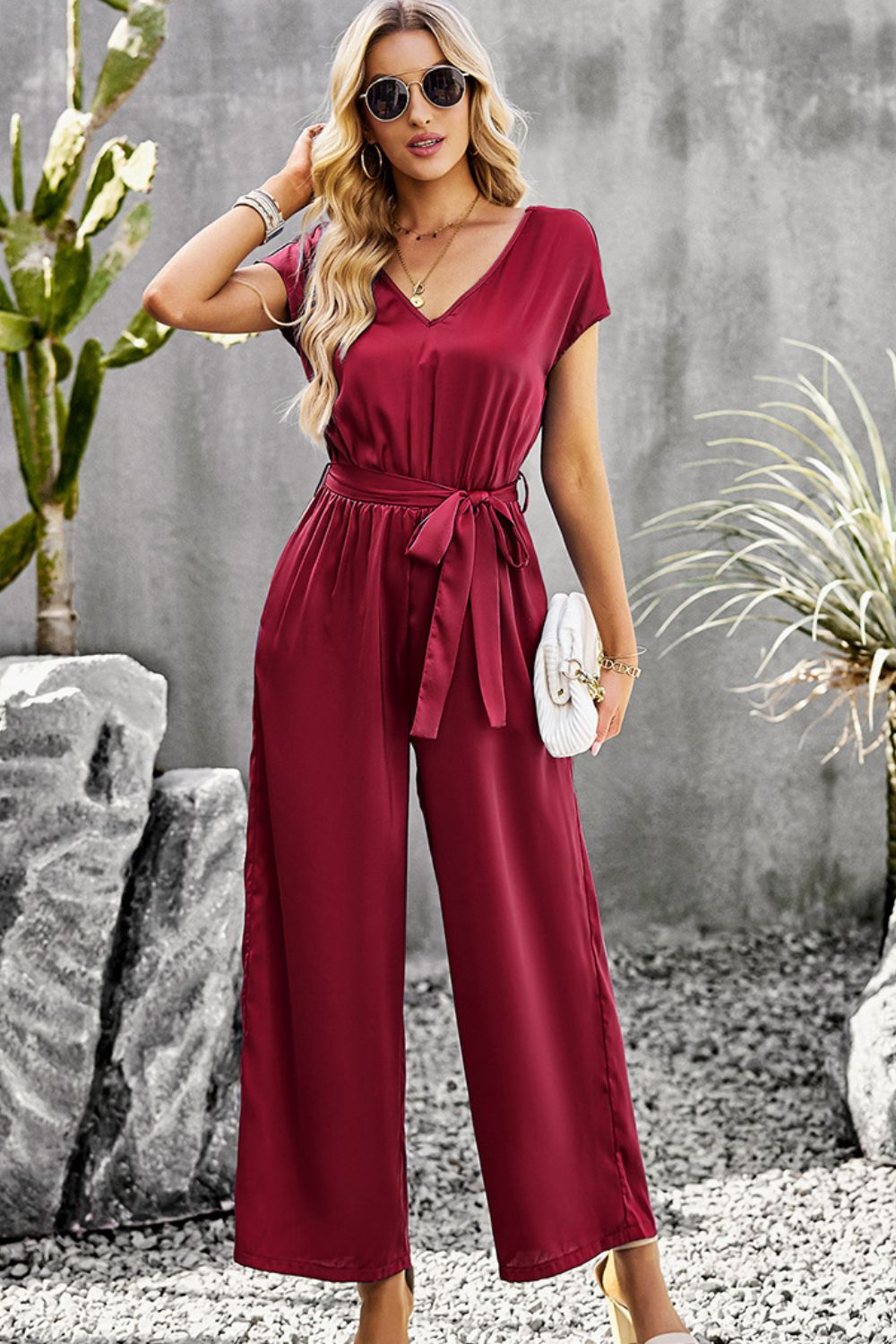 swvws Tie Belt V-Neck Short Sleeve Jumpsuit