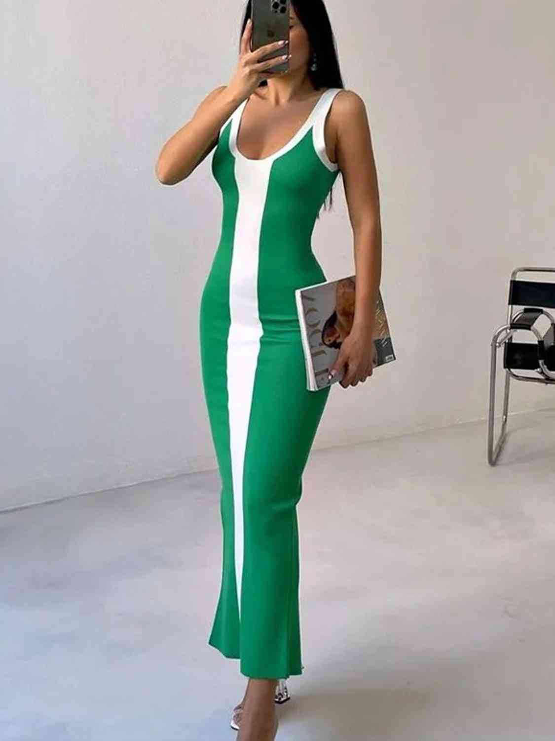 swvws Contrast Wide Strap Slit Midi Dress