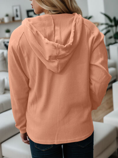 swvws Waffle-Knit Drawstring Quarter Button Hoodie