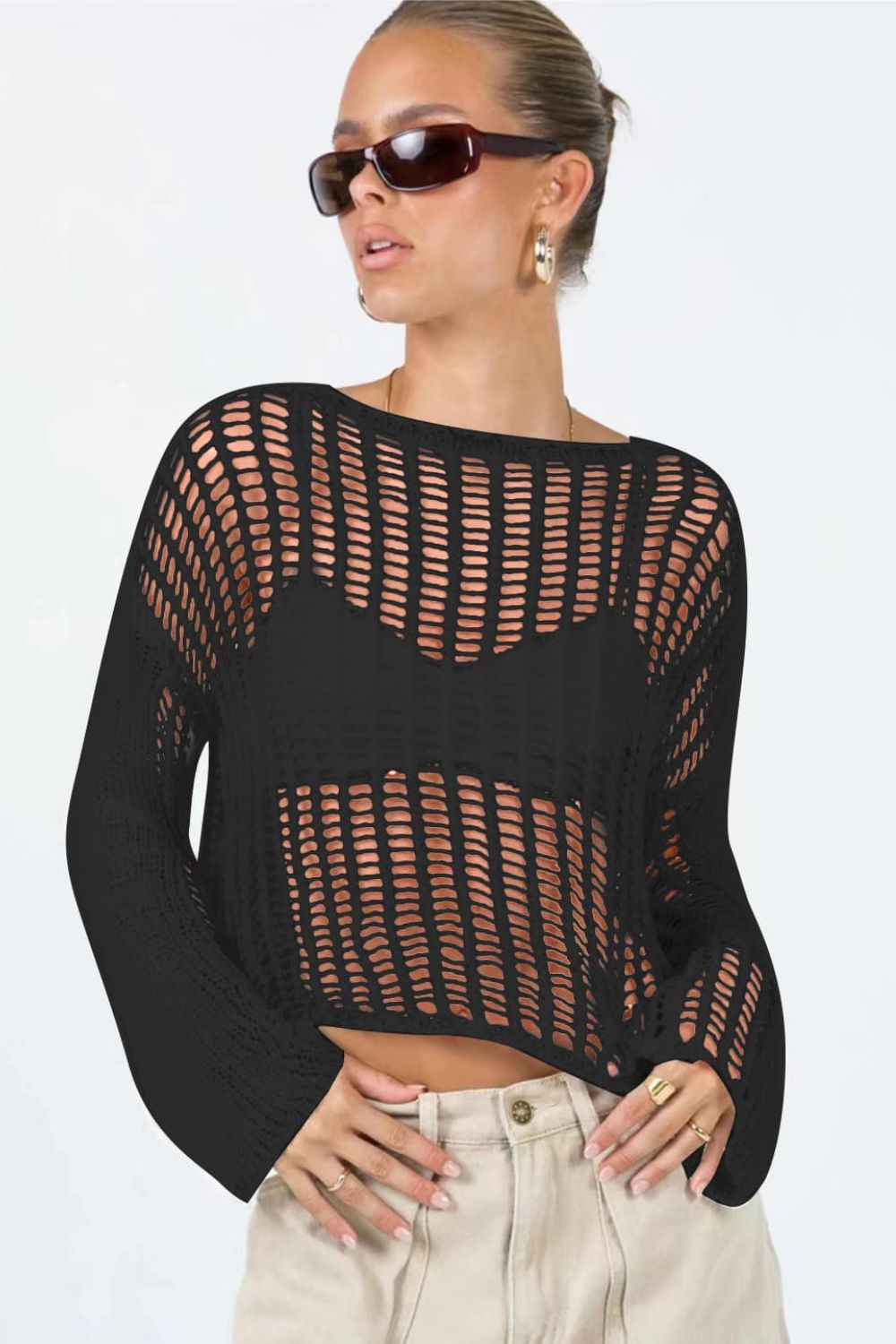 swvws Openwork Boat Neck Long Sleeve Cover Up