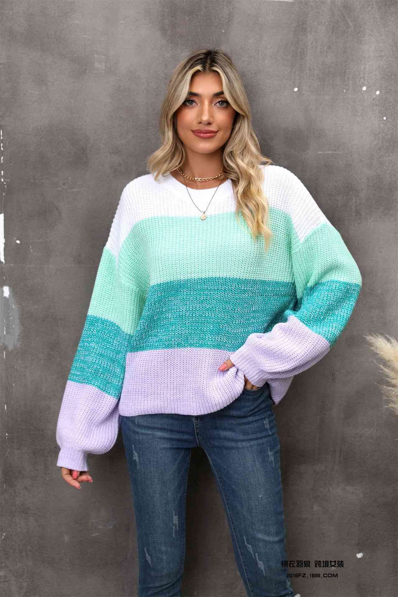 swvws Color Block Round Neck Dropped Shoulder Sweater