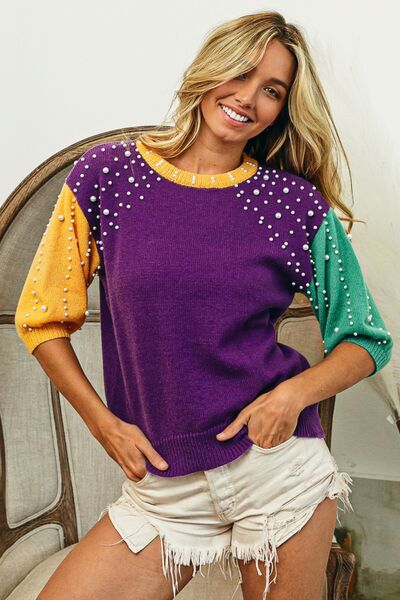 swvws BiBi Color Block Pearl Detail Round Neck Sweater