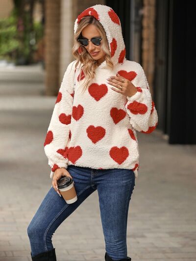 swvws Fuzzy Heart Pocketed Dropped Shoulder Hoodie