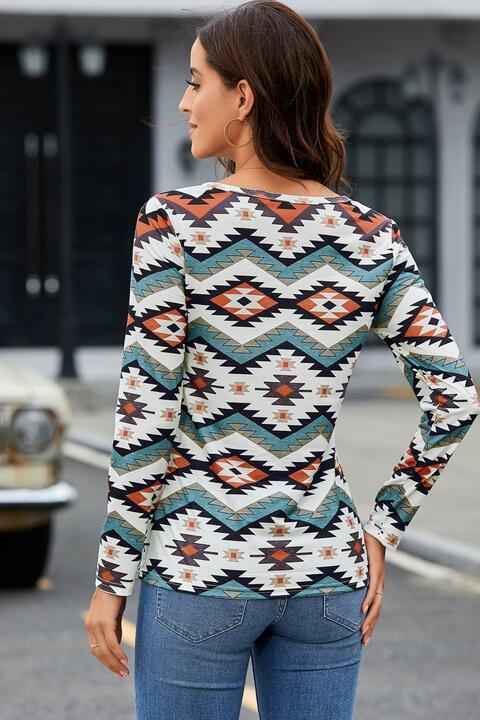 swvws Printed Notched Neck Long Sleeve Top