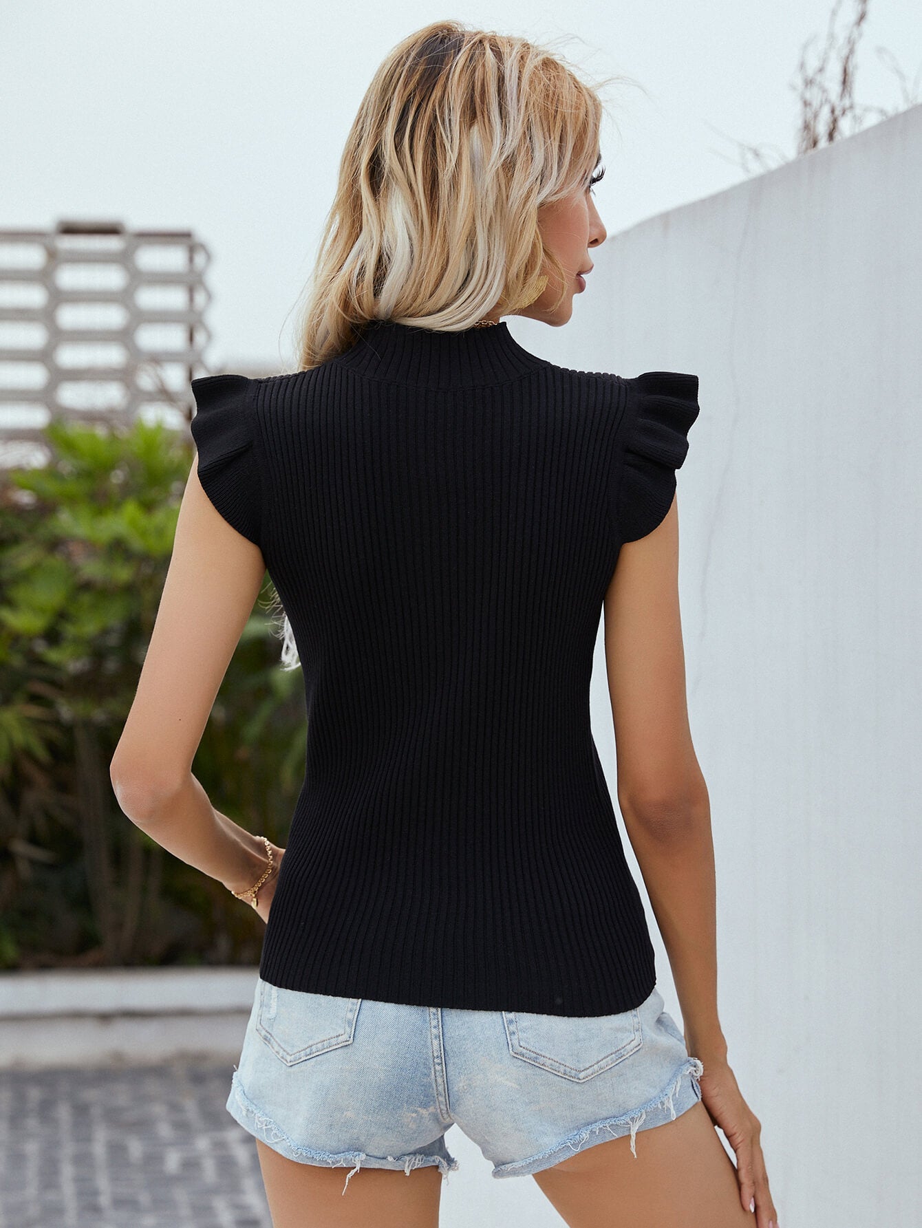 swvws Flutter Sleeve Mock Neck Ribbed Top