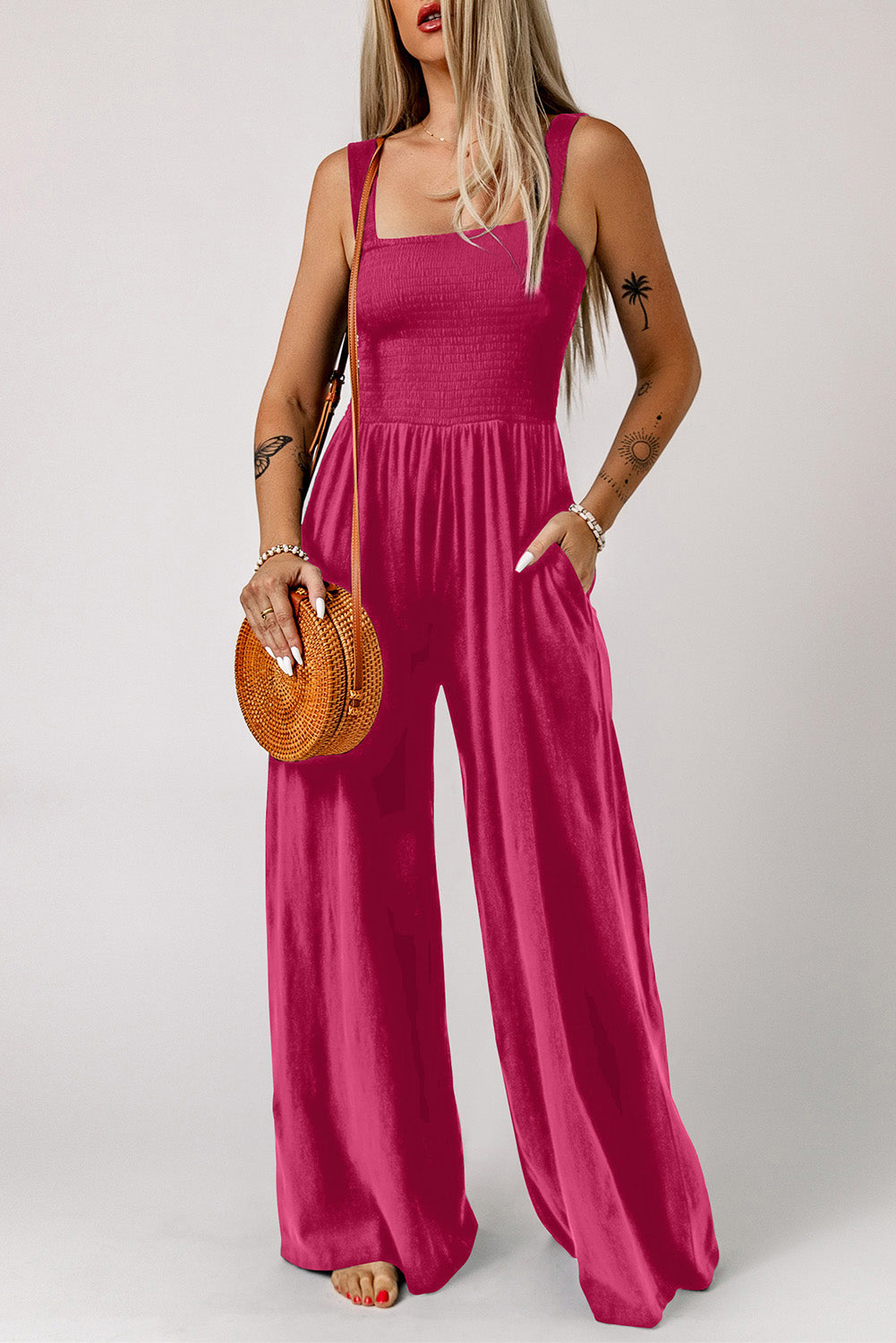 swvws Smocked Square Neck Wide Leg Jumpsuit with Pockets