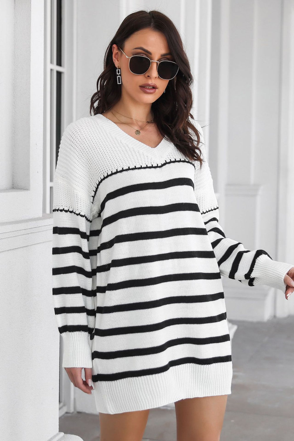 swvws Striped V-Neck Drop Shulder Sweater Dress