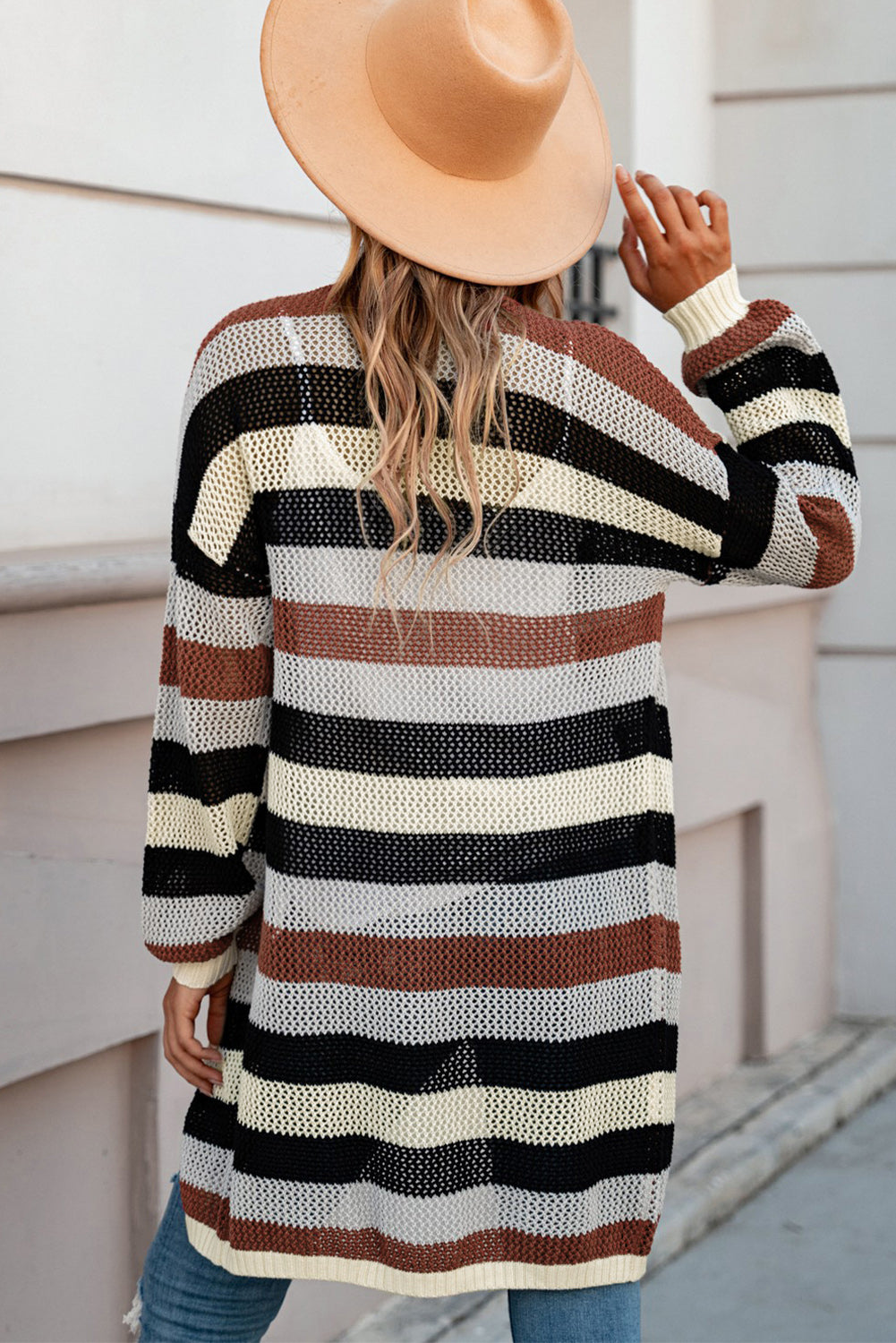 swvws Full Size Striped Long Sleeve Openwork Cardigan