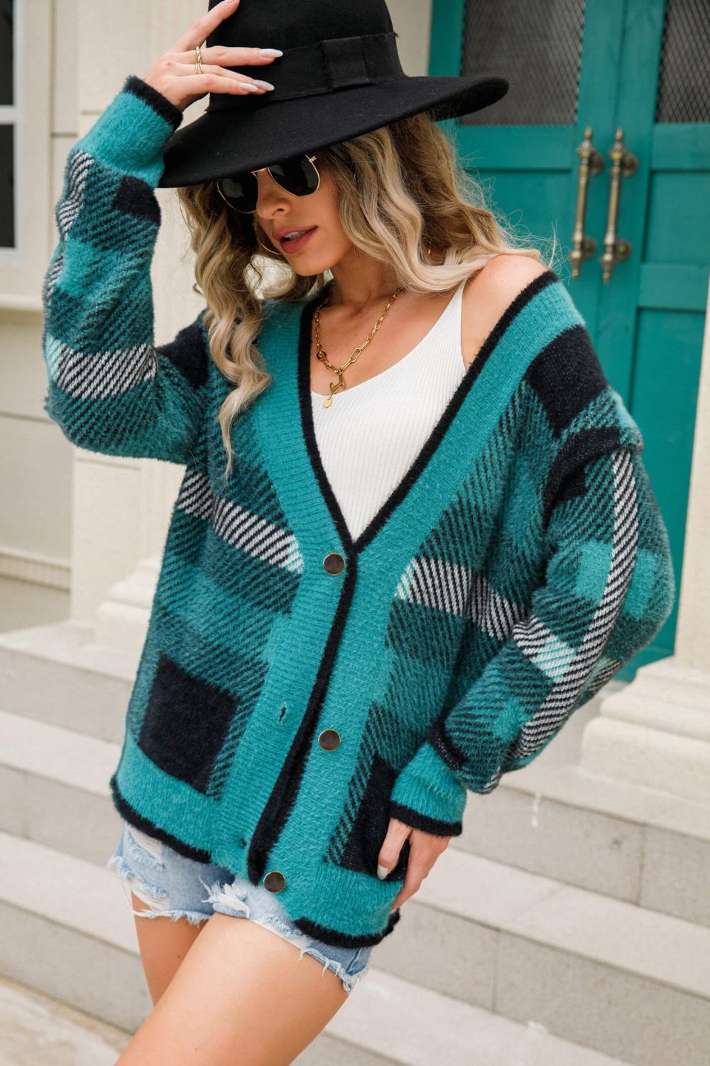 swvws Striped Button-Front Fuzzy Cardigan