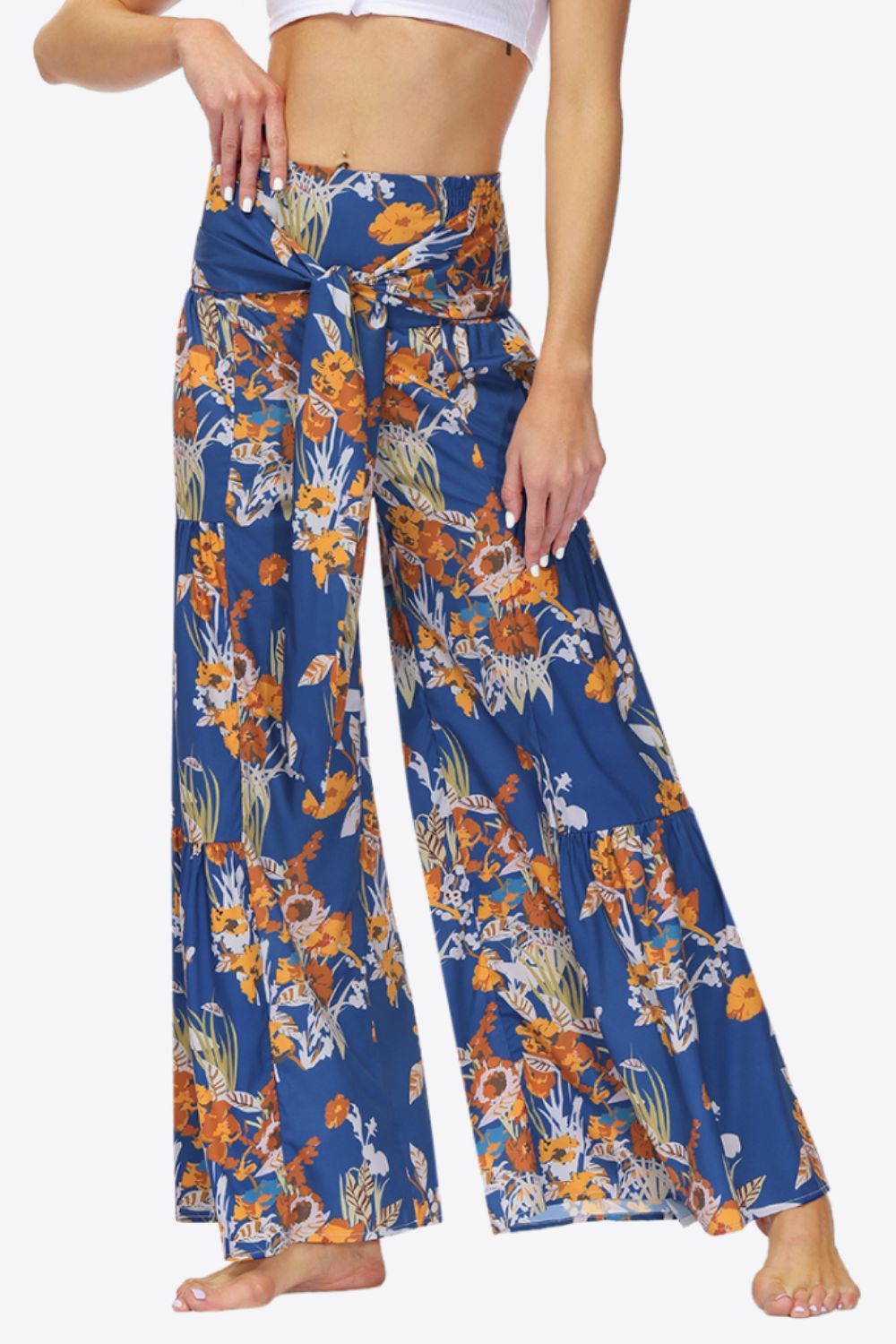 swvws Floral Tie-Waist Tiered Culottes