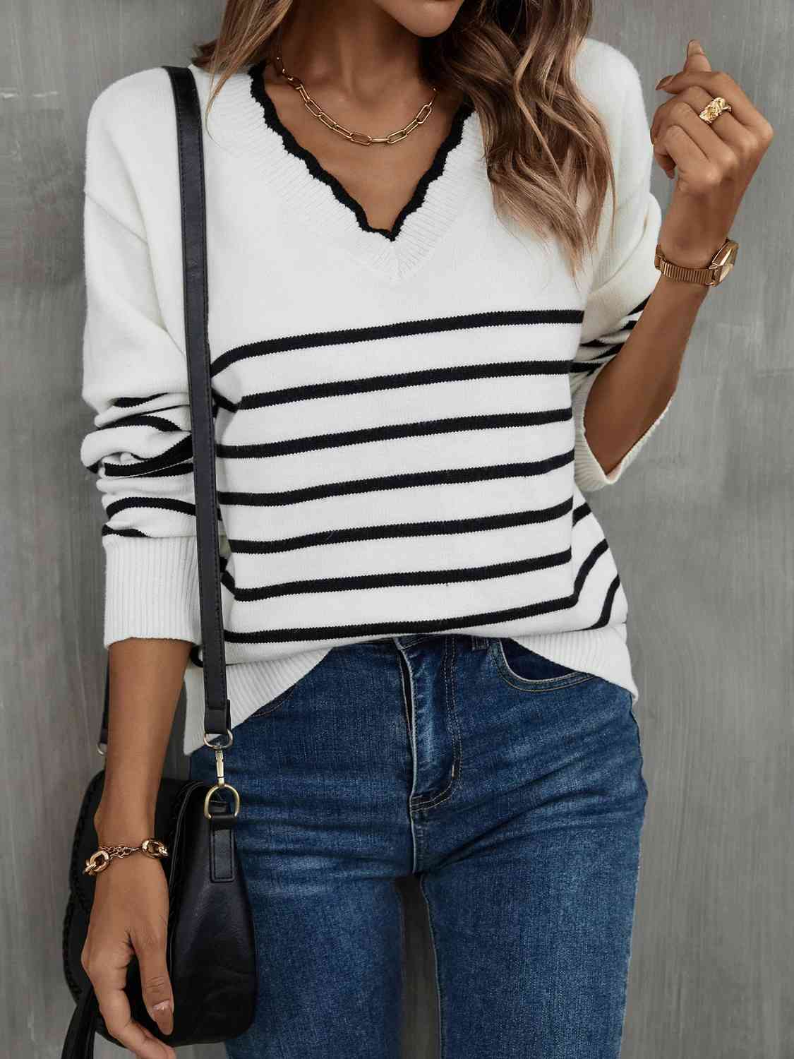 swvws Striped V-Neck Drop Shoulder Sweater