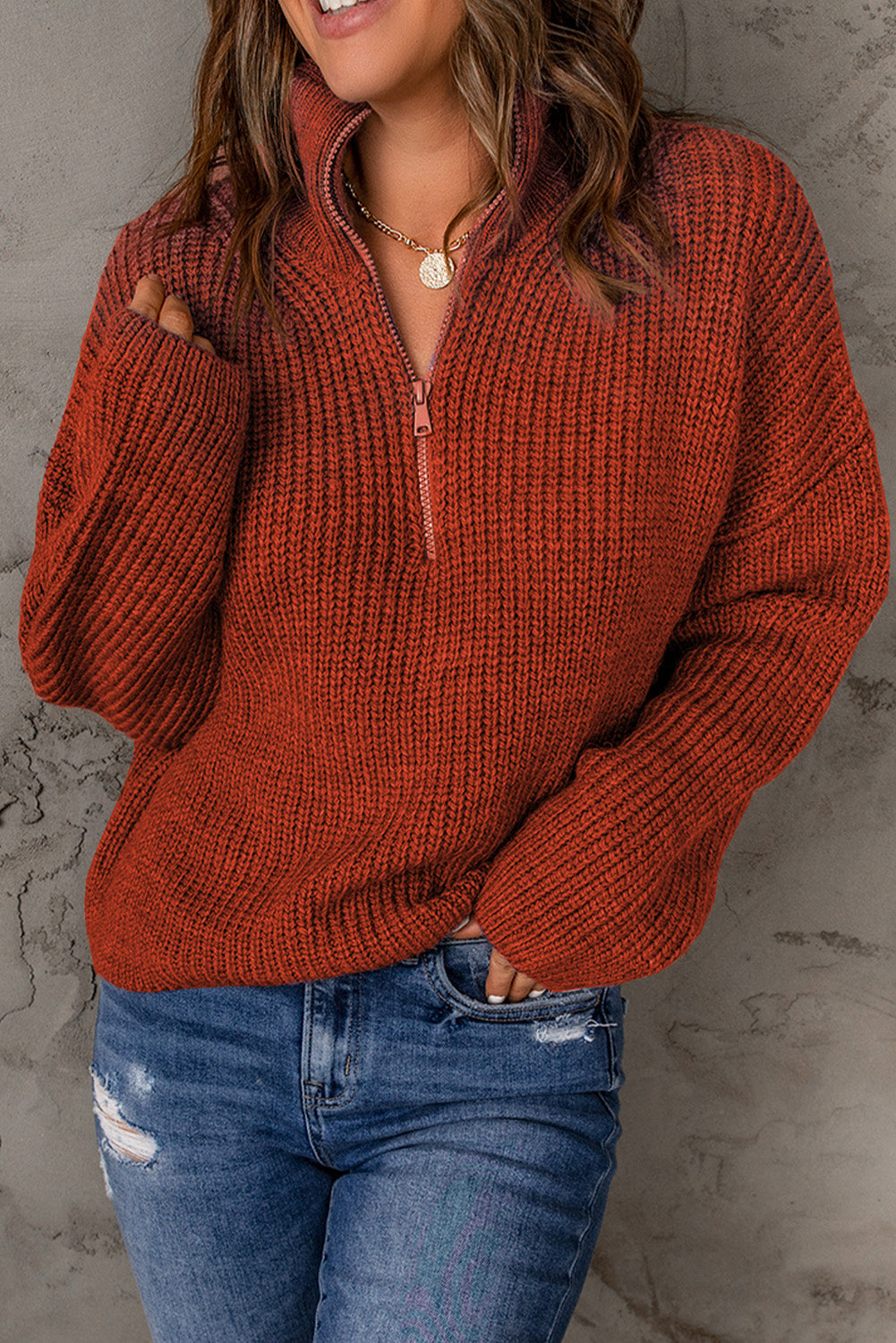 swvws Half Zip Rib-Knit Dropped Shoulder Sweater