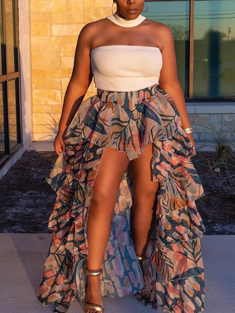 Sixsr Print High Low Tulle Slit Skirt