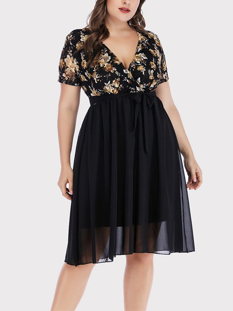 Sixsr Vintage Floral Lace V Neck Chiffon Dress