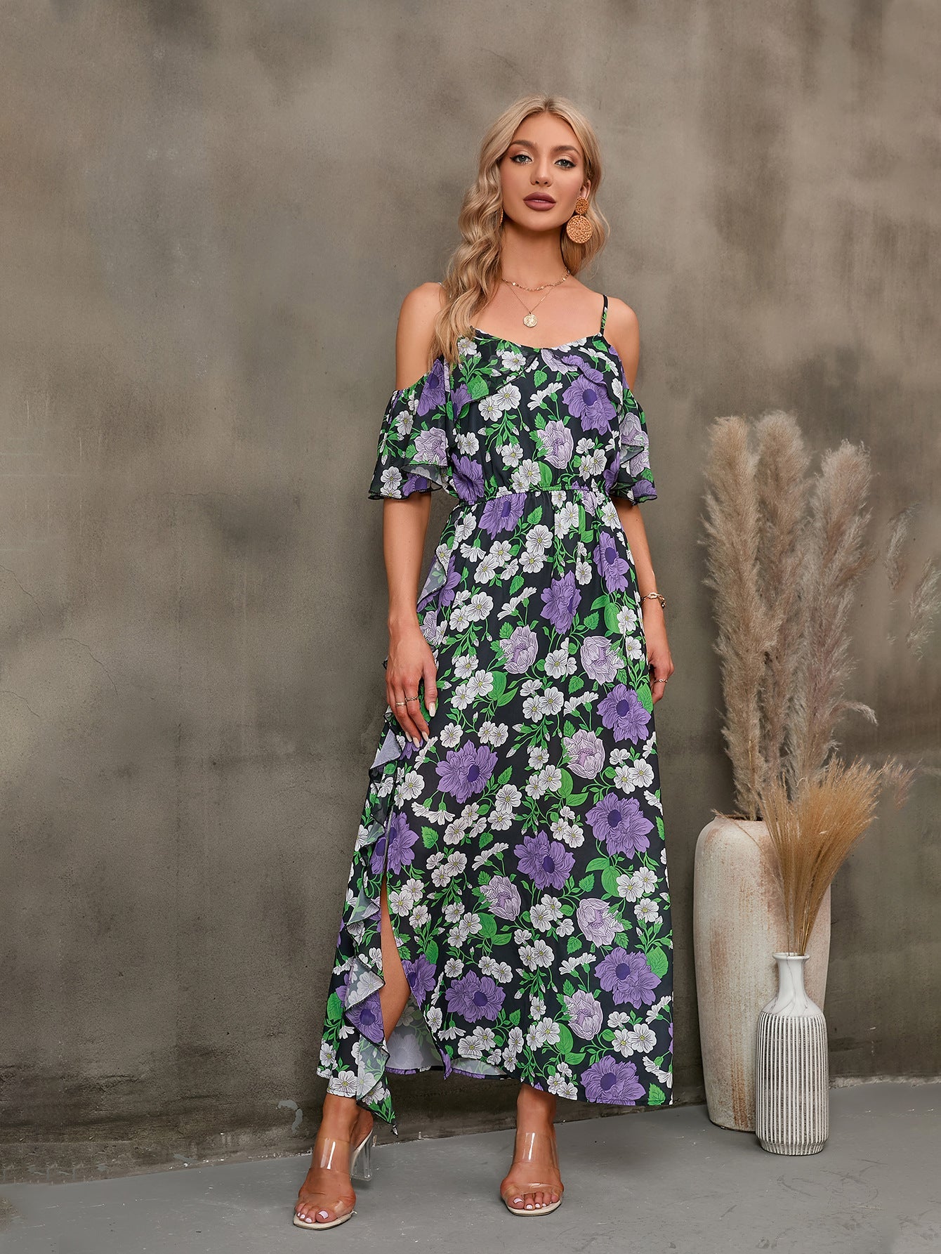 swvws Floral Spaghetti Strap Cold-Shoulder Slit Maxi Dress