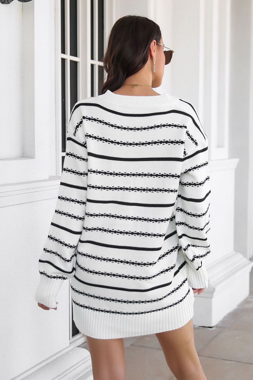 swvws Striped V-Neck Sweater Dress