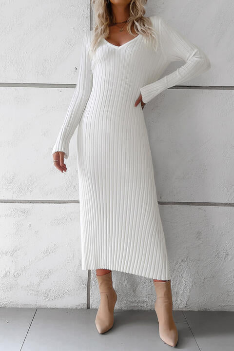 swvws V-Neck Long Sleeve Ribbed Sweater Dress