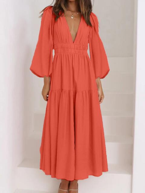 swvws Deep V-Neck Balloon Sleeve Plain Maxi Dress